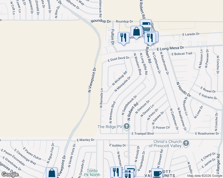 map of restaurants, bars, coffee shops, grocery stores, and more near 5428 North Wickiup Road in Prescott Valley