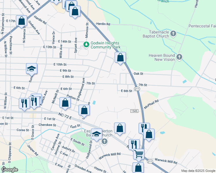 map of restaurants, bars, coffee shops, grocery stores, and more near 1607 East 7th Street in Lumberton