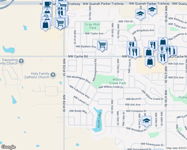 map of restaurants, bars, coffee shops, grocery stores, and more near 1010 Northwest Kingswood Road in Lawton
