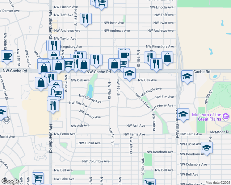 map of restaurants, bars, coffee shops, grocery stores, and more near 831 Northwest 17th Street in Lawton