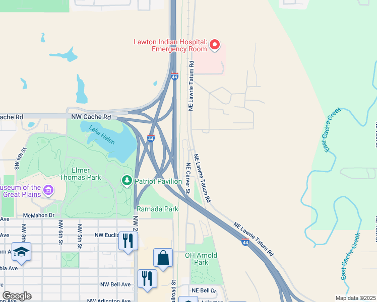 map of restaurants, bars, coffee shops, grocery stores, and more near 832 Carver in Lawton