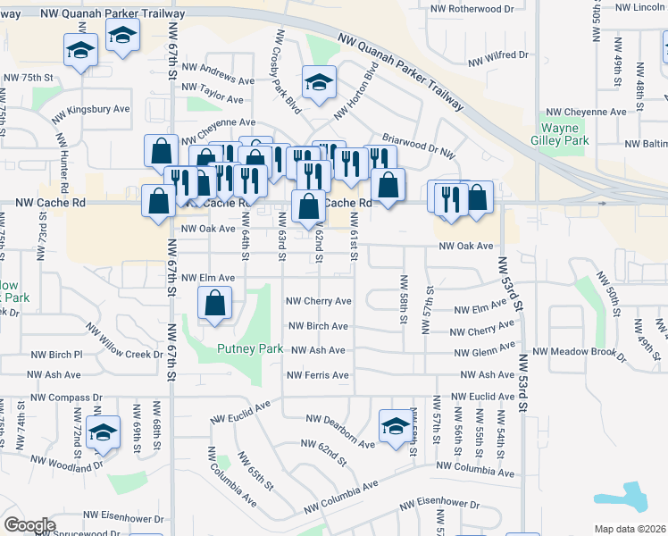map of restaurants, bars, coffee shops, grocery stores, and more near 1201 Northwest 62nd Street in Lawton