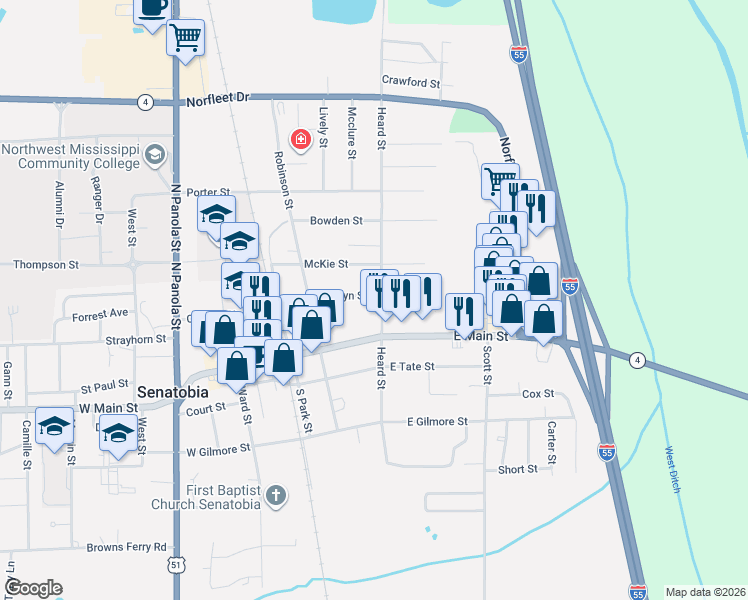 map of restaurants, bars, coffee shops, grocery stores, and more near 323 N Heard St in Senatobia