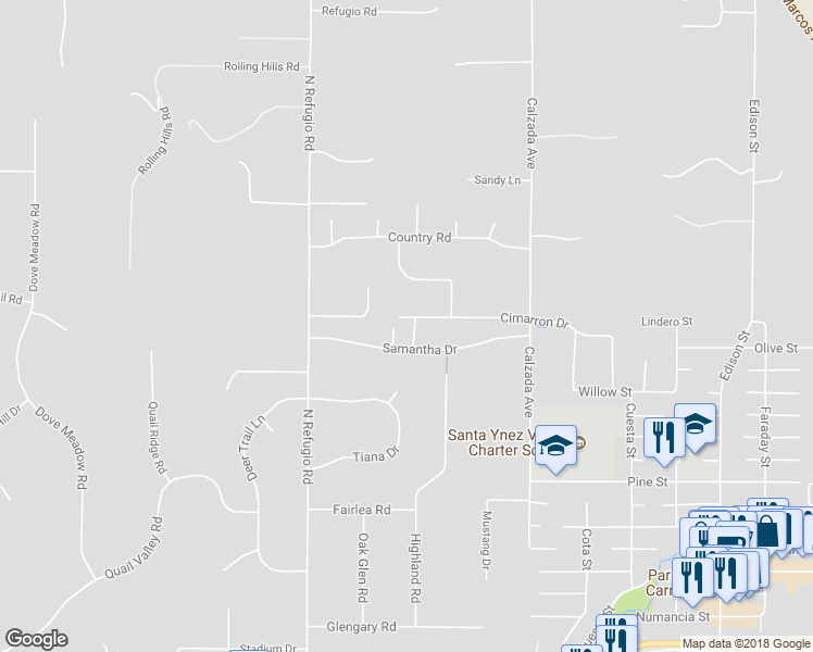 map of restaurants, bars, coffee shops, grocery stores, and more near 1381 Samantha Place in Santa Ynez