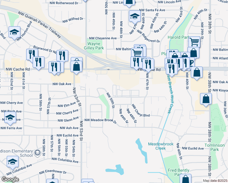 map of restaurants, bars, coffee shops, grocery stores, and more near 4759 Northwest Motif Manor Boulevard in Lawton