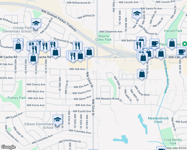 map of restaurants, bars, coffee shops, grocery stores, and more near 1313 Northwest 53rd Street in Lawton
