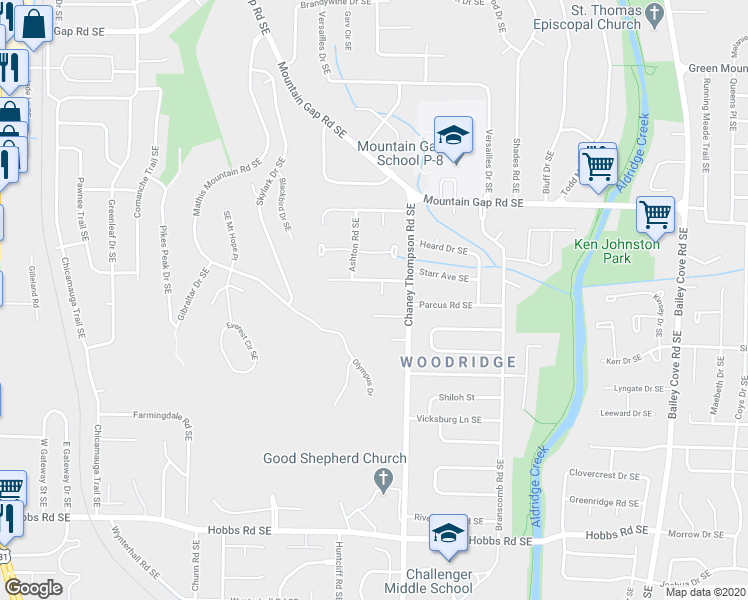 map of restaurants, bars, coffee shops, grocery stores, and more near 12002 Kingston Court Southeast in Huntsville