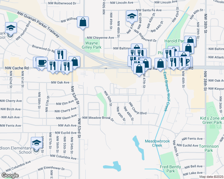 map of restaurants, bars, coffee shops, grocery stores, and more near 4759 Northwest Motif Manor Boulevard in Lawton