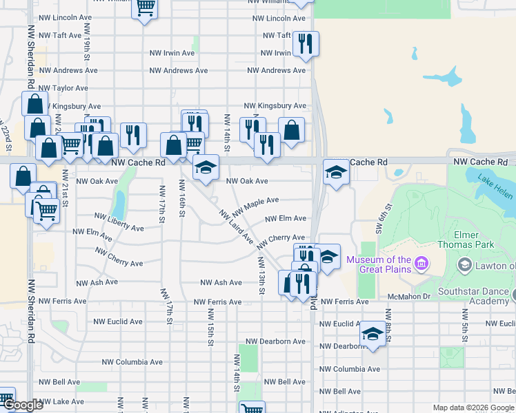 map of restaurants, bars, coffee shops, grocery stores, and more near 1132 Northwest Maple Avenue in Lawton