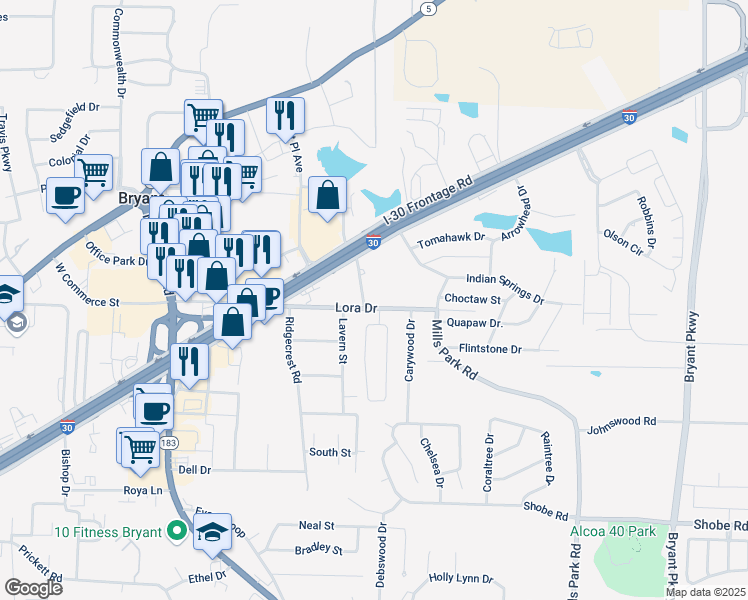 map of restaurants, bars, coffee shops, grocery stores, and more near 2906 Pikewood Drive in Bryant