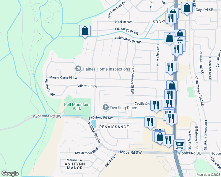 map of restaurants, bars, coffee shops, grocery stores, and more near 2221 Villaret Drive Southwest in Huntsville