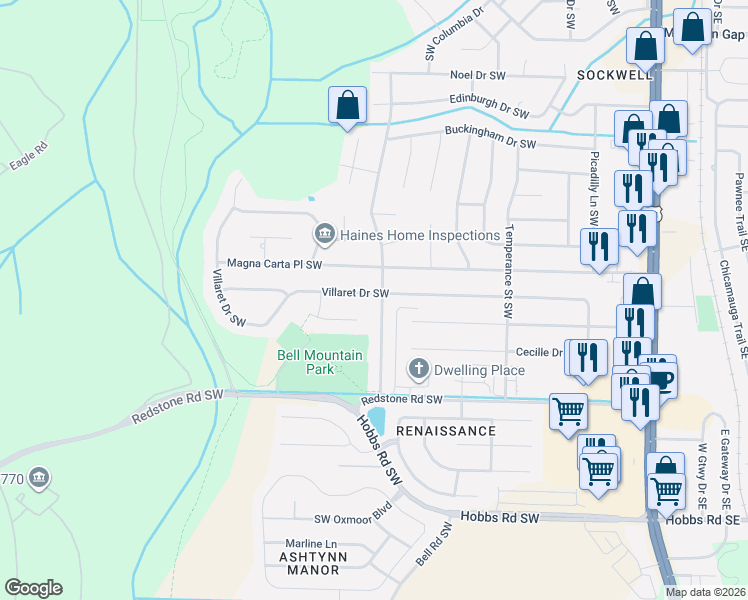 map of restaurants, bars, coffee shops, grocery stores, and more near 2234 Villaret Drive Southwest in Huntsville