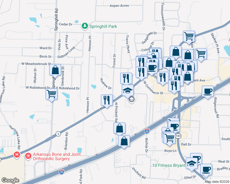 map of restaurants, bars, coffee shops, grocery stores, and more near 1314 Sunset Gardens East in Bryant