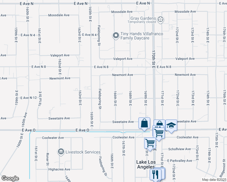 map of restaurants, bars, coffee shops, grocery stores, and more near 40627 166th Street East in Lancaster