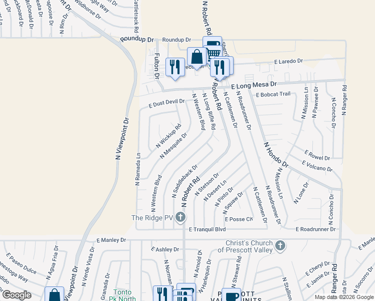 map of restaurants, bars, coffee shops, grocery stores, and more near 5467 North Western Boulevard in Prescott Valley