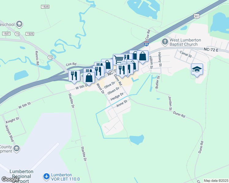 map of restaurants, bars, coffee shops, grocery stores, and more near 2909 Olsen Drive in Lumberton