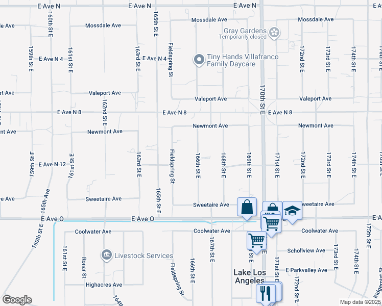map of restaurants, bars, coffee shops, grocery stores, and more near 40627 166th Street East in Lancaster