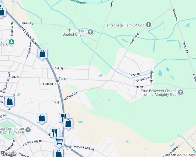 map of restaurants, bars, coffee shops, grocery stores, and more near 2211 7th Street Road in Lumberton
