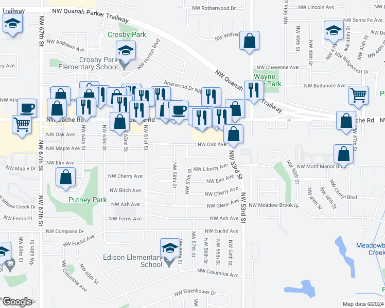 map of restaurants, bars, coffee shops, grocery stores, and more near 5423 Northwest Kinyon Avenue in Lawton