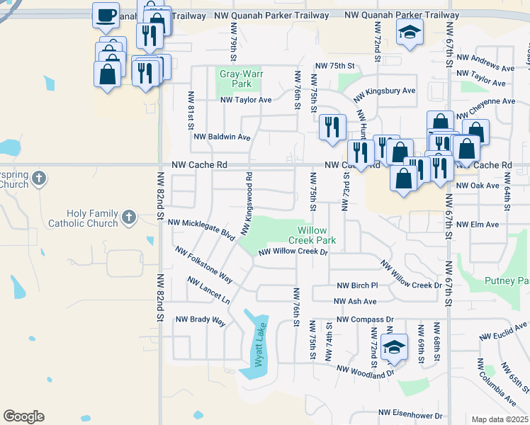 map of restaurants, bars, coffee shops, grocery stores, and more near 7524 Northwest Stonegate Drive in Lawton