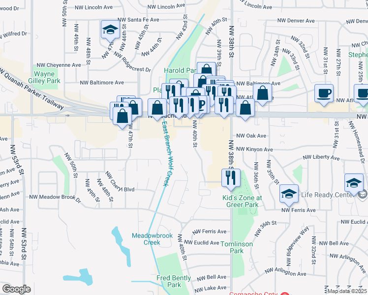 map of restaurants, bars, coffee shops, grocery stores, and more near in Lawton
