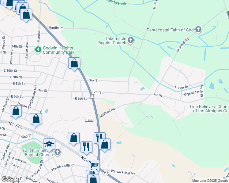 map of restaurants, bars, coffee shops, grocery stores, and more near 2119 7th Street in Lumberton