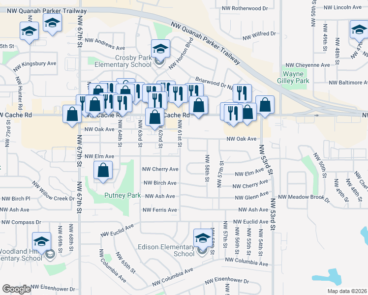 map of restaurants, bars, coffee shops, grocery stores, and more near 1108 Northwest 61st Street in Lawton