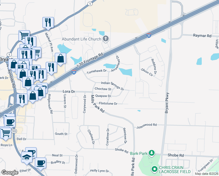 map of restaurants, bars, coffee shops, grocery stores, and more near 106 Indian Springs Drive in Bryant