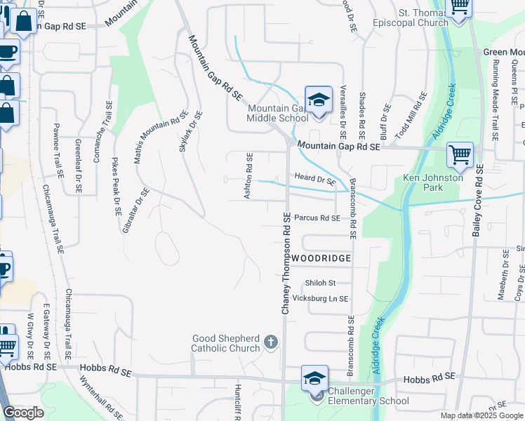 map of restaurants, bars, coffee shops, grocery stores, and more near 718 Mathis Drive Southeast in Huntsville