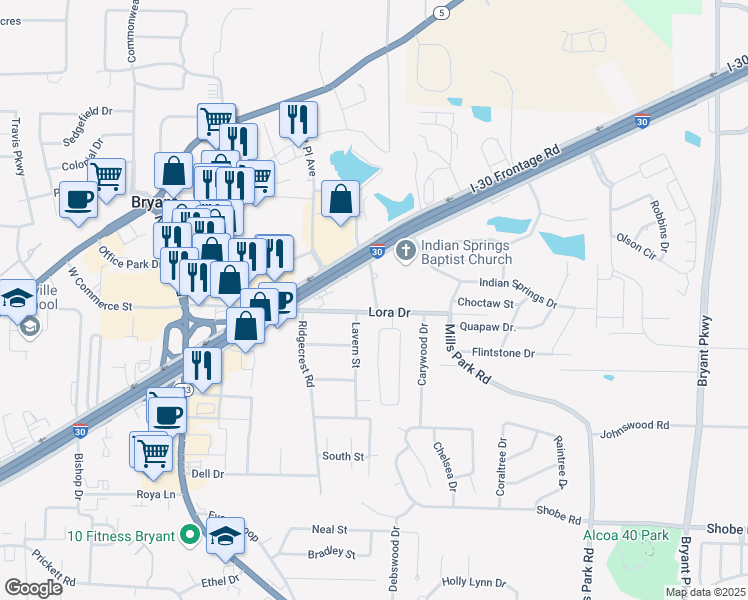 map of restaurants, bars, coffee shops, grocery stores, and more near 2906 Pikewood Drive in Bryant