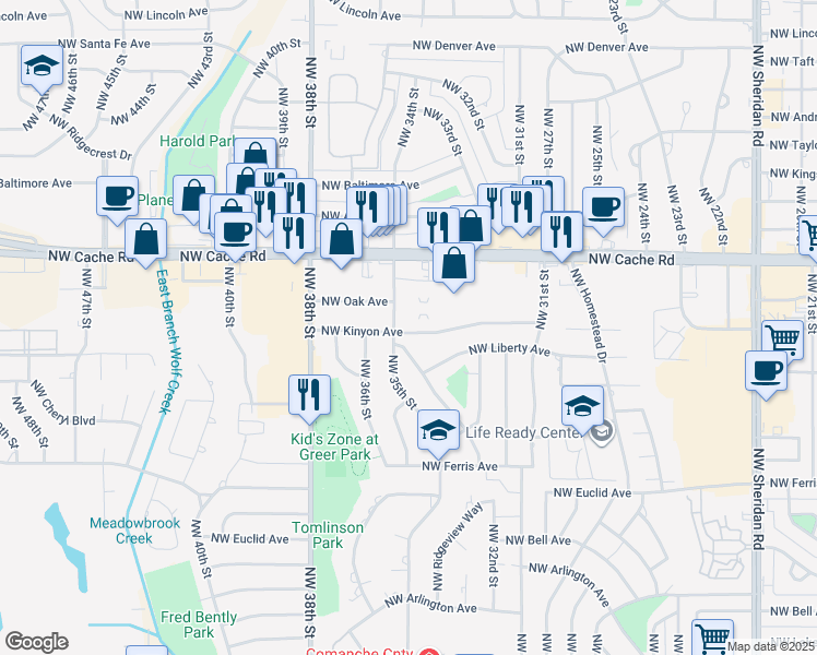 map of restaurants, bars, coffee shops, grocery stores, and more near 3149 Northwest Kinyon Avenue in Lawton