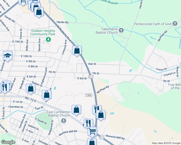 map of restaurants, bars, coffee shops, grocery stores, and more near 2104 7th Street in Lumberton