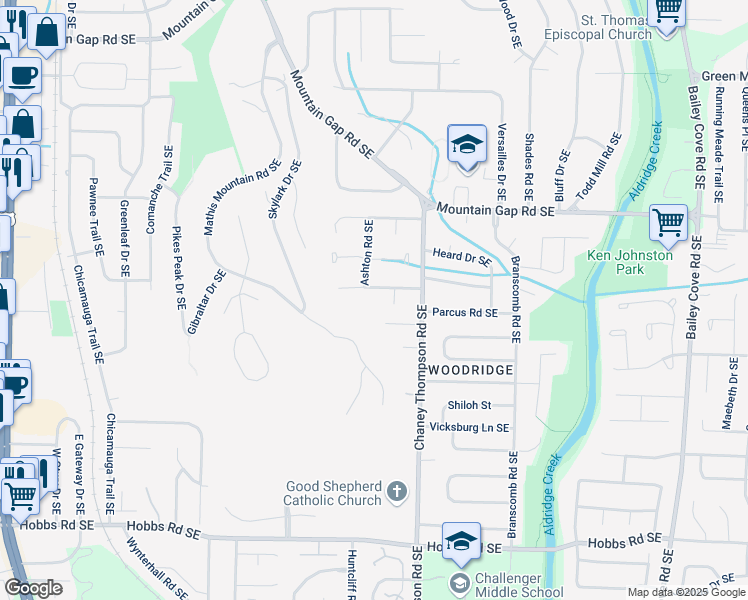 map of restaurants, bars, coffee shops, grocery stores, and more near 718 Mathis Drive Southeast in Huntsville