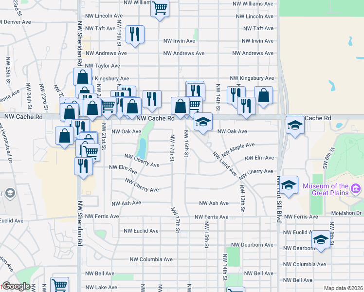 map of restaurants, bars, coffee shops, grocery stores, and more near 831 Northwest 17th Street in Lawton