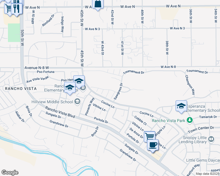 map of restaurants, bars, coffee shops, grocery stores, and more near 4215 Bethpage Drive in Palmdale