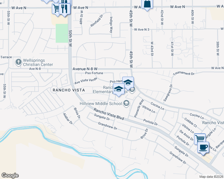 map of restaurants, bars, coffee shops, grocery stores, and more near 40636 Vía Verdad in Palmdale