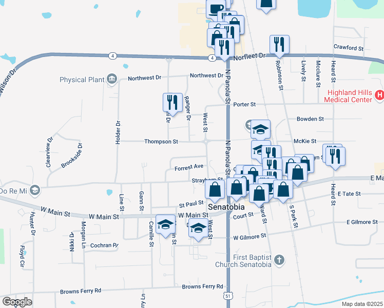map of restaurants, bars, coffee shops, grocery stores, and more near 505 Longstreet Lane in Senatobia