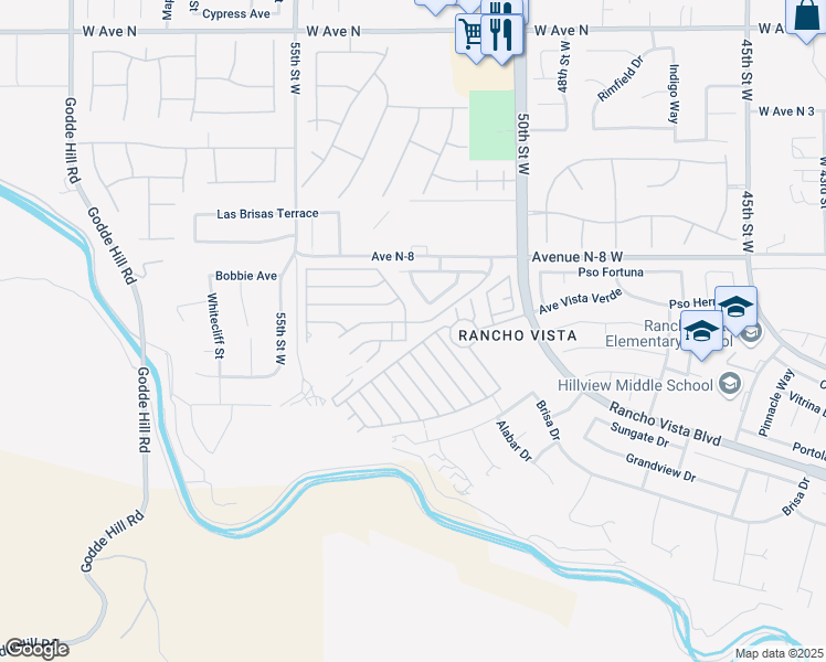 map of restaurants, bars, coffee shops, grocery stores, and more near 5200 Entrar Drive in Palmdale