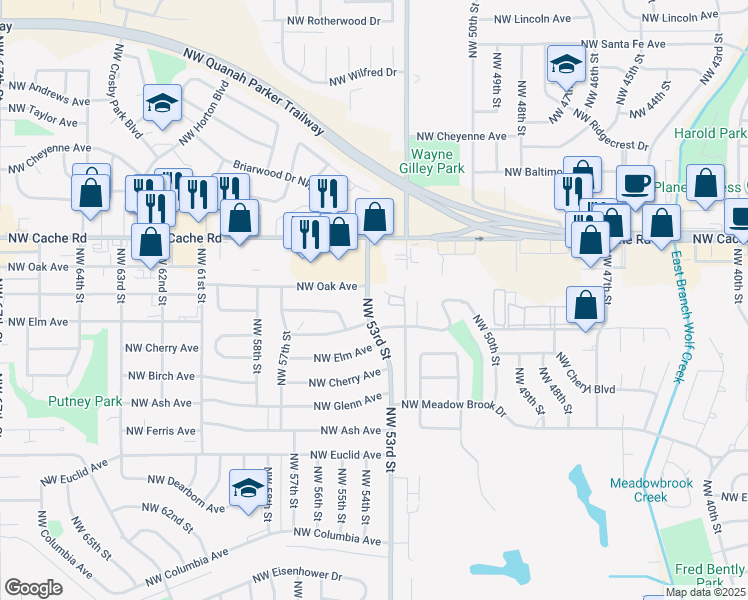 map of restaurants, bars, coffee shops, grocery stores, and more near 1313 Northwest 53rd Street in Lawton
