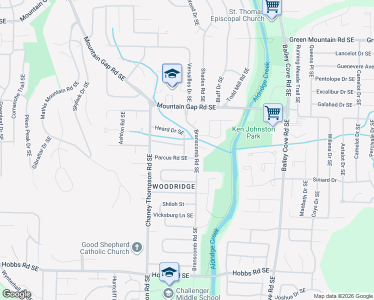map of restaurants, bars, coffee shops, grocery stores, and more near 1033 Heard Drive Southeast in Huntsville