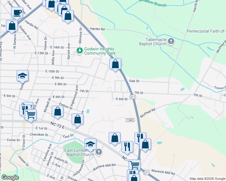 map of restaurants, bars, coffee shops, grocery stores, and more near 1807 7th Street in Lumberton
