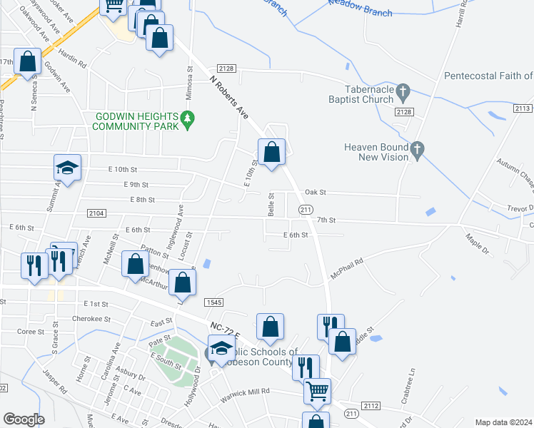 map of restaurants, bars, coffee shops, grocery stores, and more near 1811 7th Street Road in Lumberton