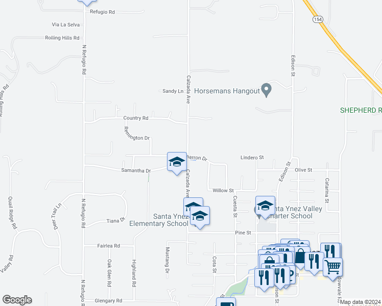 map of restaurants, bars, coffee shops, grocery stores, and more near 1400 Calzada Avenue in Santa Ynez
