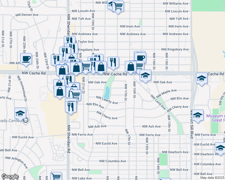 map of restaurants, bars, coffee shops, grocery stores, and more near 1720 Northwest Kinyon Avenue in Lawton