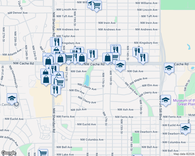 map of restaurants, bars, coffee shops, grocery stores, and more near 1710 Northwest Kinyon Avenue in Lawton