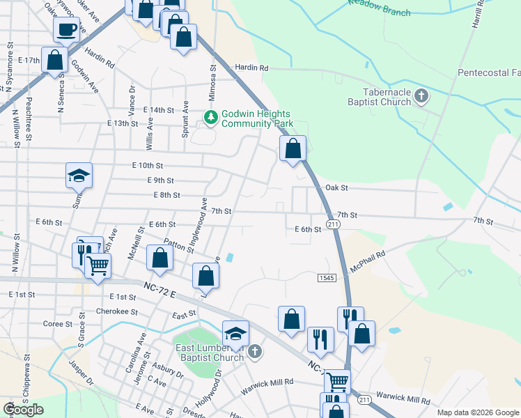 map of restaurants, bars, coffee shops, grocery stores, and more near 1607 7th Street in Lumberton