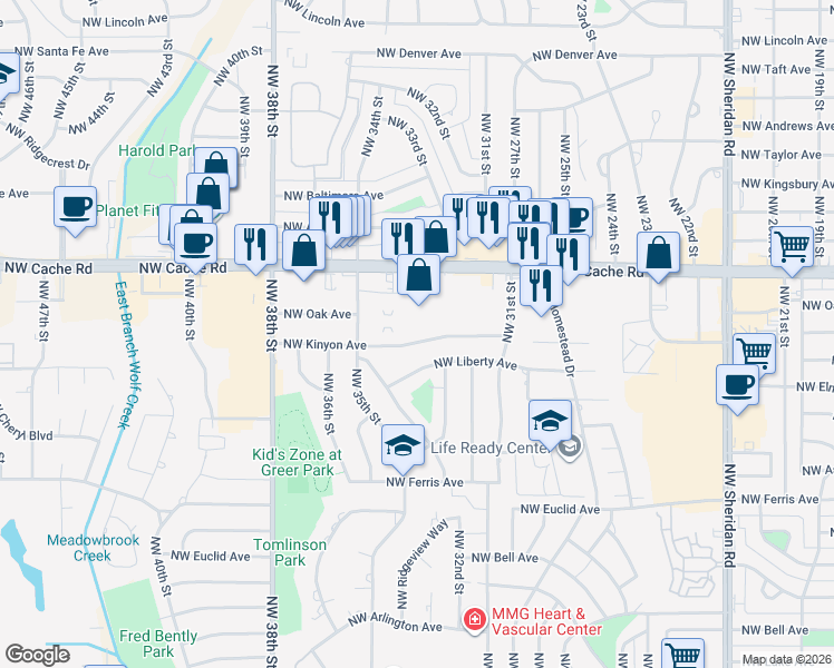 map of restaurants, bars, coffee shops, grocery stores, and more near 3133 Northwest Kinyon Avenue in Lawton