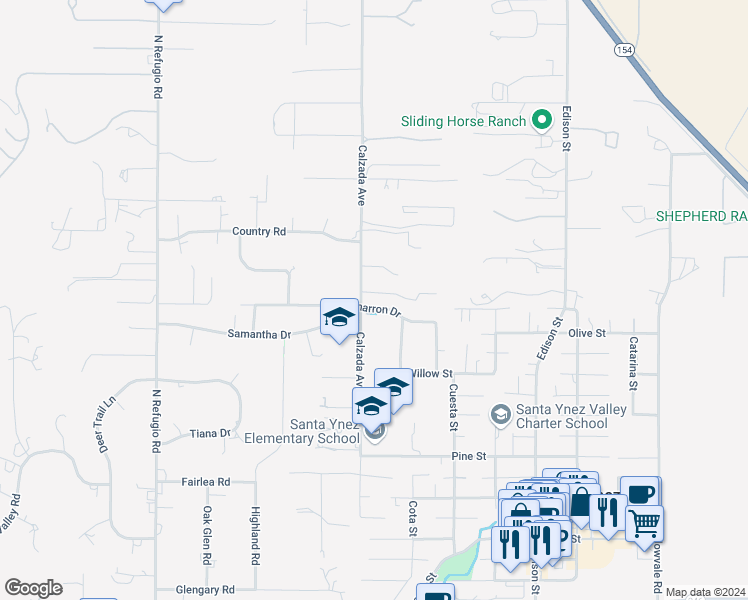map of restaurants, bars, coffee shops, grocery stores, and more near 1400 Calzada Avenue in Santa Ynez
