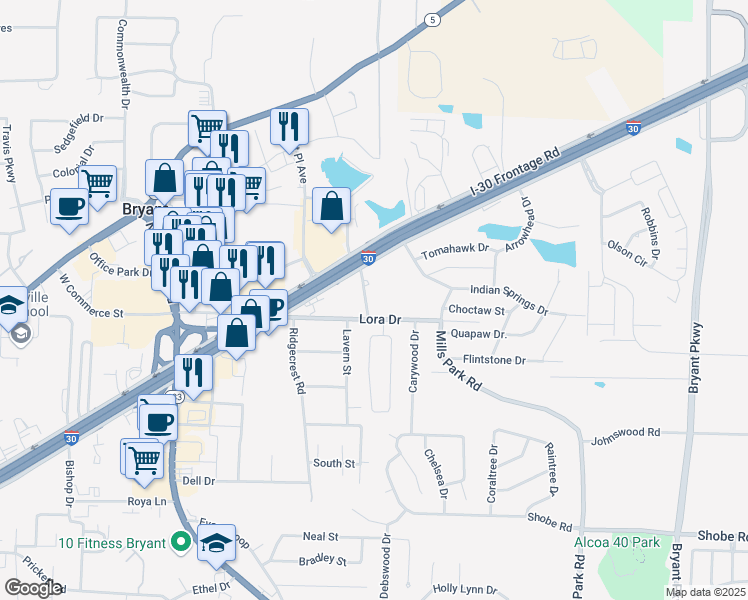 map of restaurants, bars, coffee shops, grocery stores, and more near 2906 Pikewood Drive in Bryant