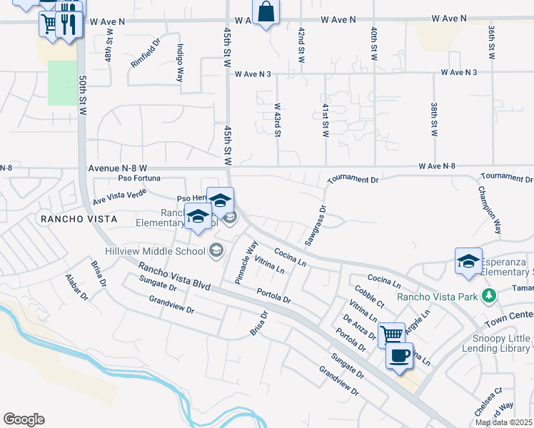 map of restaurants, bars, coffee shops, grocery stores, and more near 4325 Bethpage Drive in Palmdale